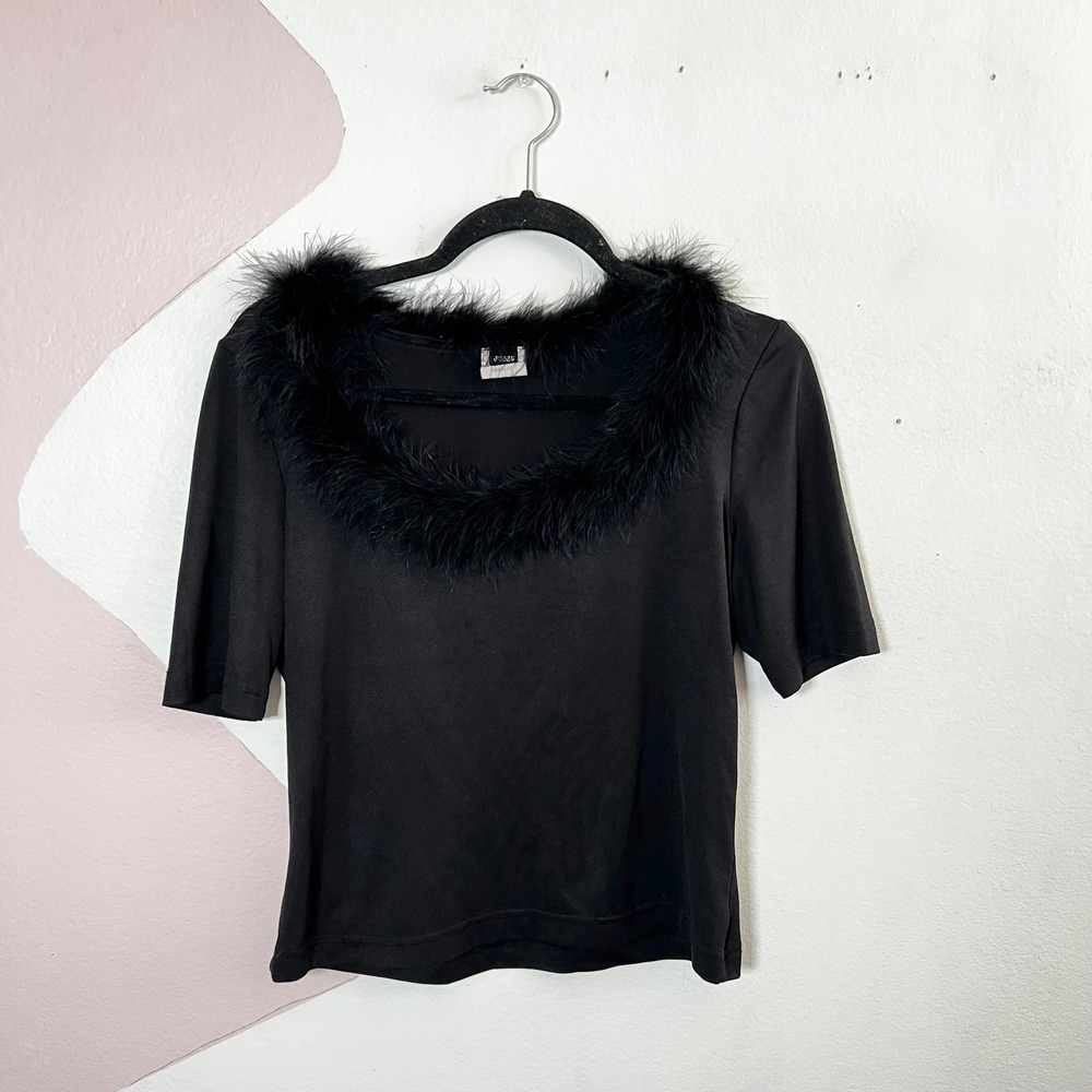 Vtg 90s Black Fur Trim Top Large Whimsigoth Goth Indie Sleaze